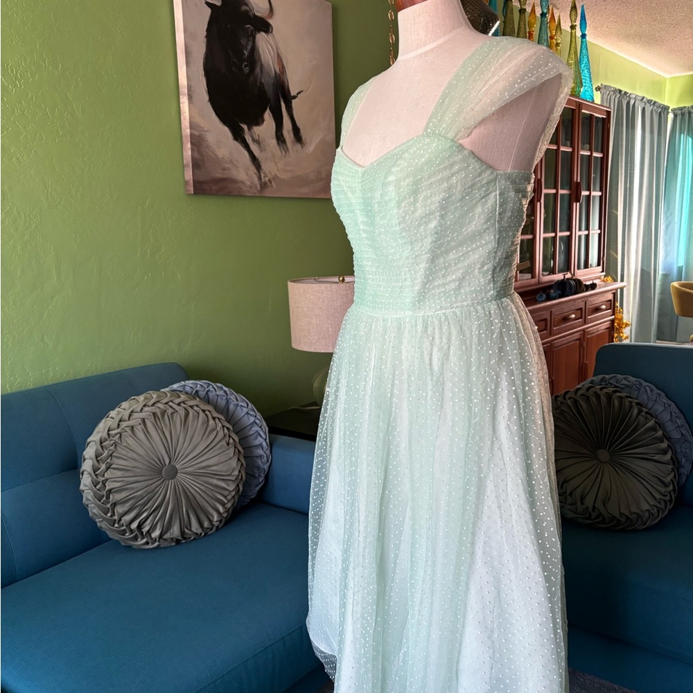 Vintage-Style Mint Green Midi Dress with Sheer Polka Dot Overlay - Picture 5 of 13